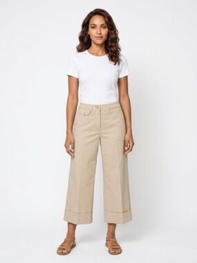 Seventy Beige Button-Front Cropped and Cuffed Trousers, flap pockets, sz